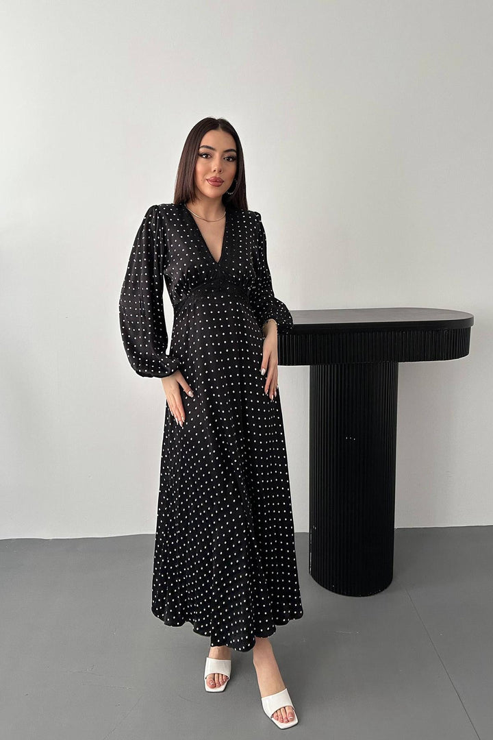 ELS Wholesale Black Satin Polka Dot Lace Detailed Dress - Pine Bluff