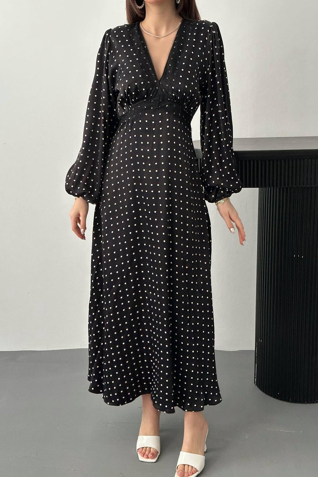 ELS Wholesale Black Satin Polka Dot Lace Detailed Dress - Pine Bluff