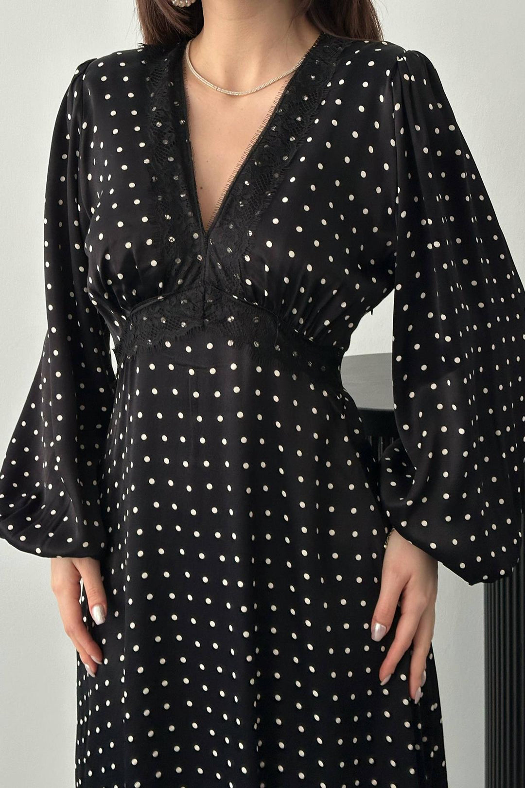 ELS Wholesale Black Satin Polka Dot Lace Detailed Dress - Pine Bluff