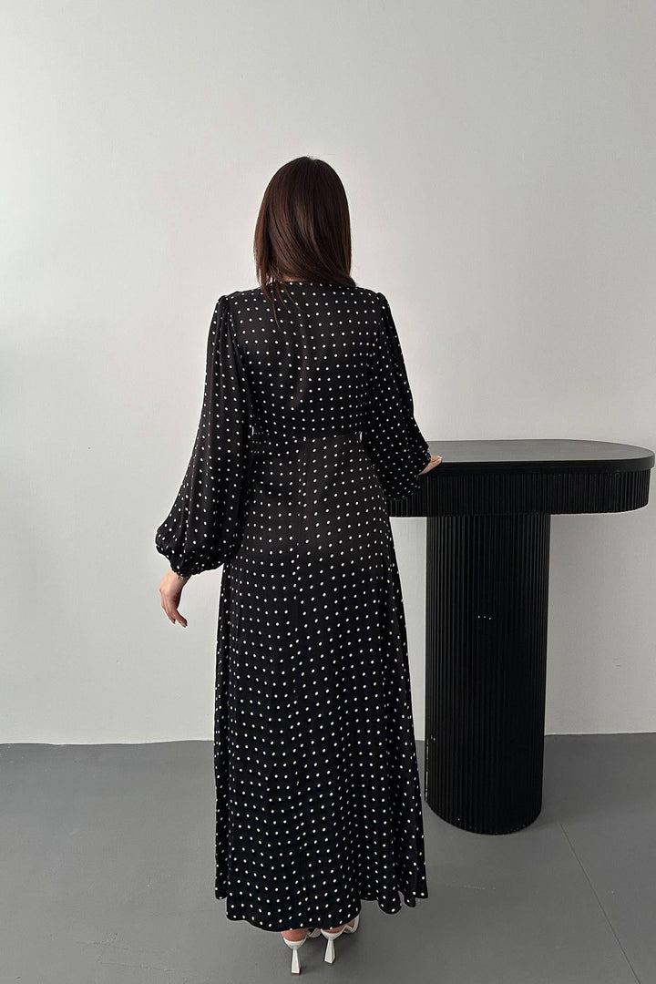 ELS Wholesale Black Satin Polka Dot Lace Detailed Dress - Pine Bluff