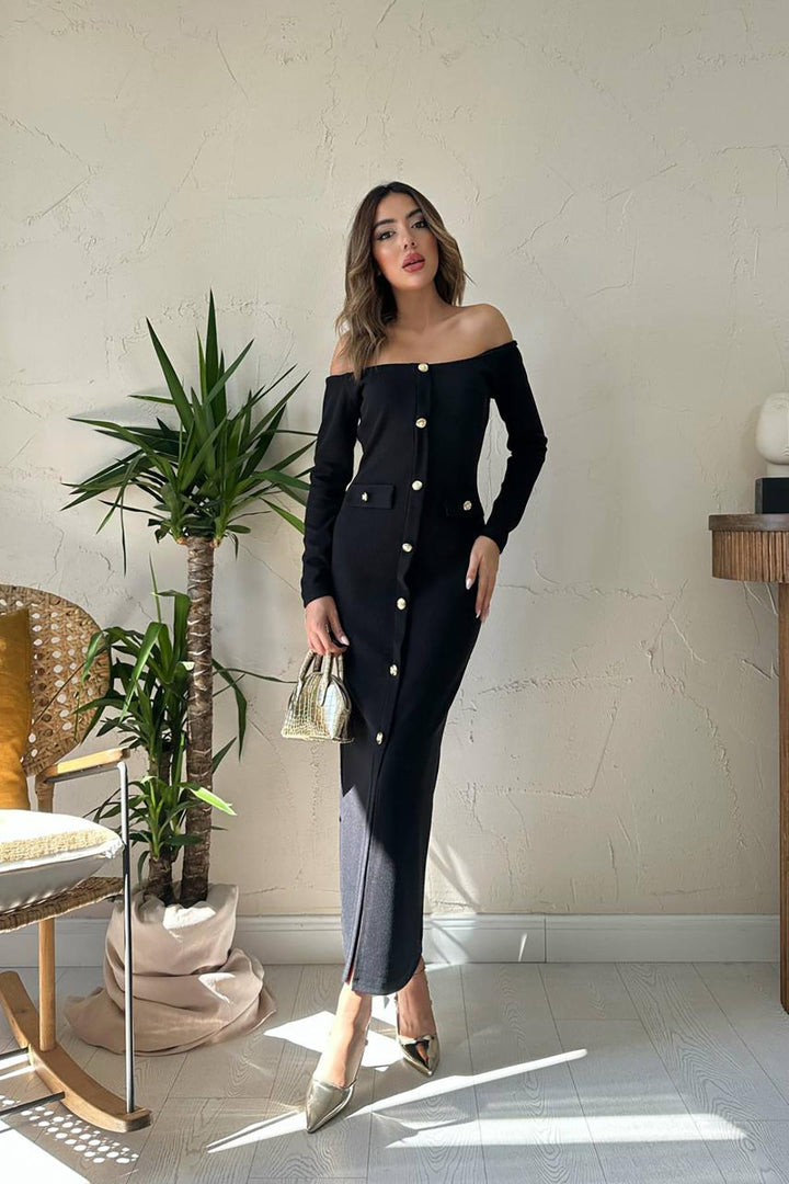 ELS Wholesale Black Knit Gold Button Dress - Mantova