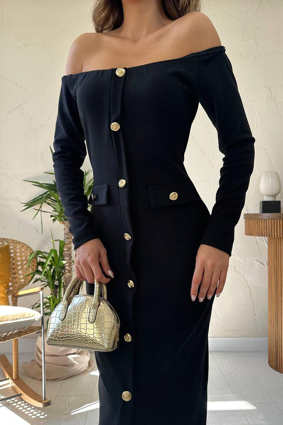 ELS Wholesale Black Knit Gold Button Dress - Mantova