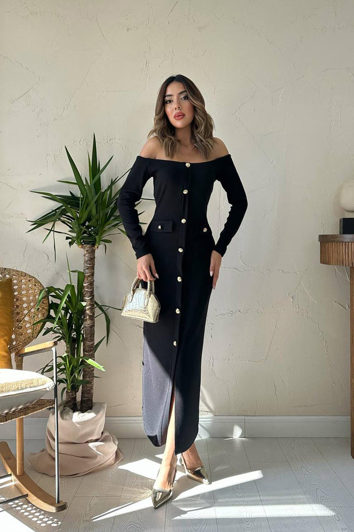 ELS Wholesale Black Knit Gold Button Dress - Mantova