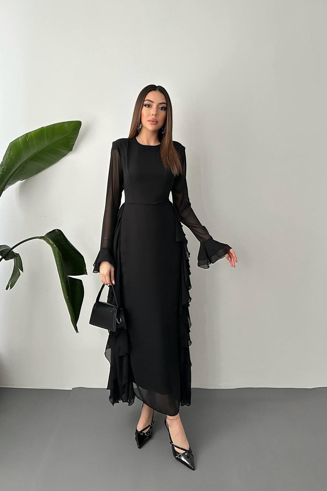 ELS Wholesale Black Ruffled Chiffon Dress - Oraiókastro