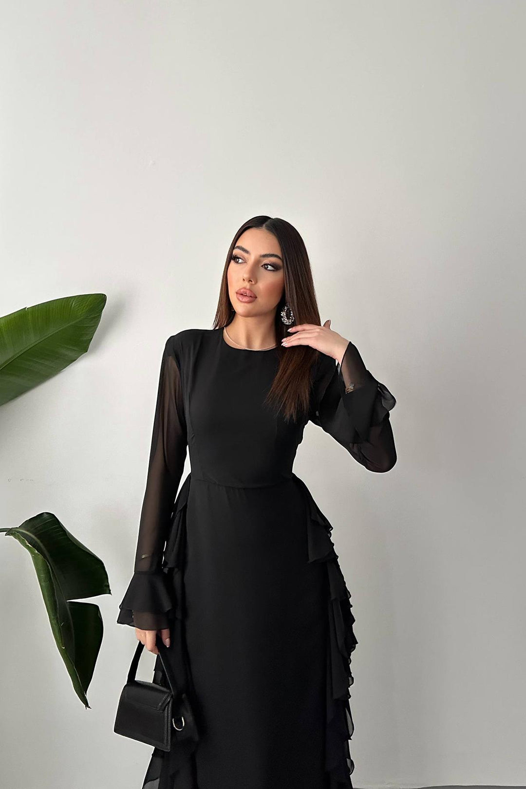 ELS Wholesale Black Ruffled Chiffon Dress - Oraiókastro