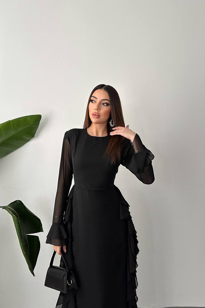 ELS Wholesale Black Ruffled Chiffon Dress - Oraiókastro