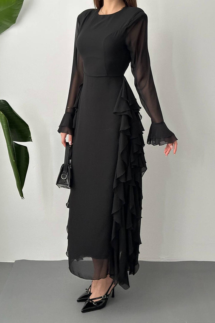 ELS Wholesale Black Ruffled Chiffon Dress - Oraiókastro