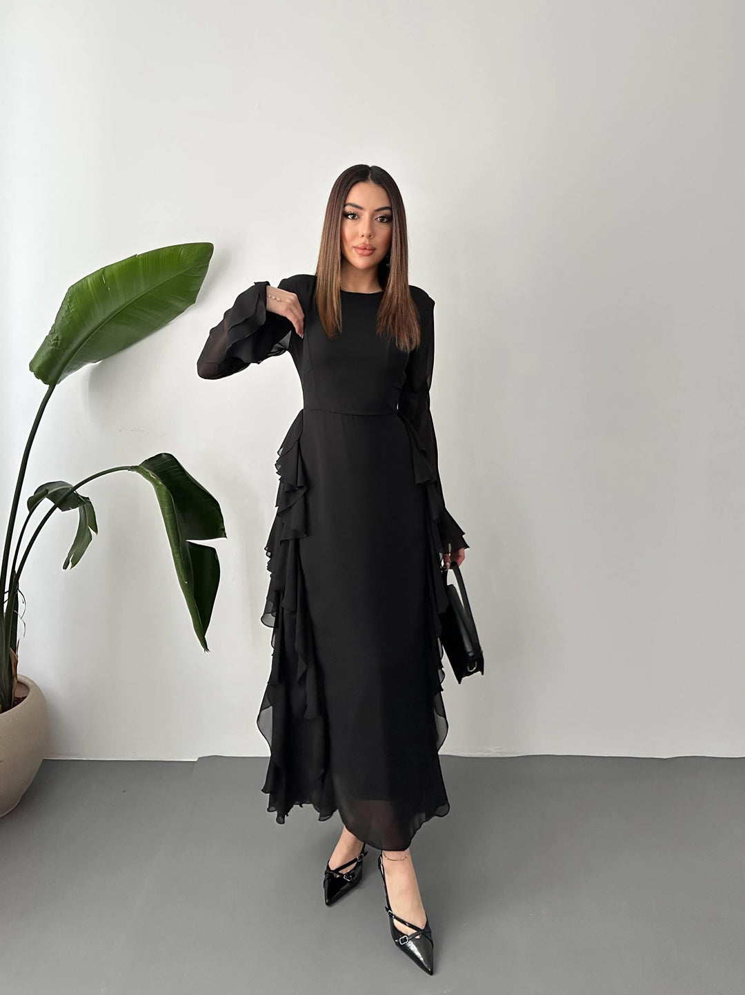 ELS Wholesale Black Ruffled Chiffon Dress - Oraiókastro