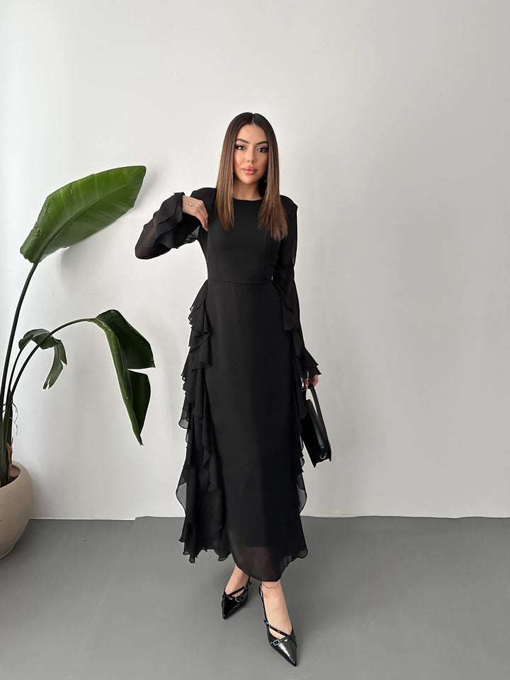 ELS Wholesale Black Ruffled Chiffon Dress - Oraiókastro
