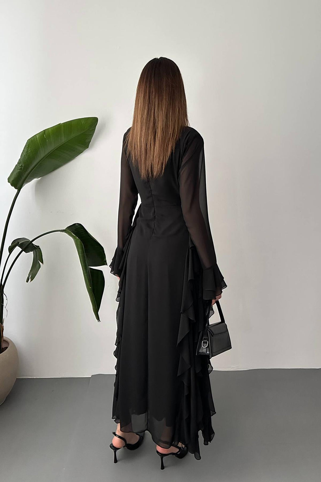 ELS Wholesale Black Ruffled Chiffon Dress - Oraiókastro