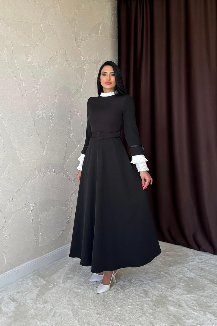 ELS Wholesale Black Dress with Collar and Pleated Sleeves - Broken Arrow