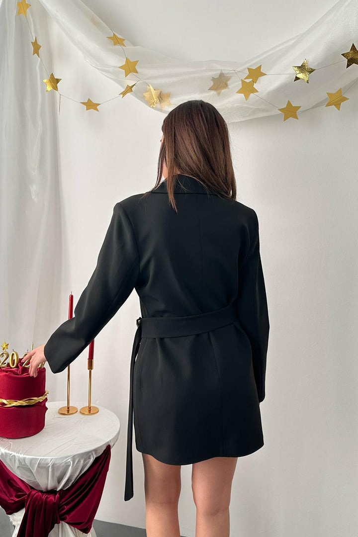 ELS Toptan Siyah Yandan Tokalı Ceket Elbise - Taunton