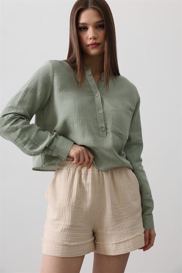 RYN WAISTBAND ELASTIC TASSEL SHORTS - Stone - Midvale
