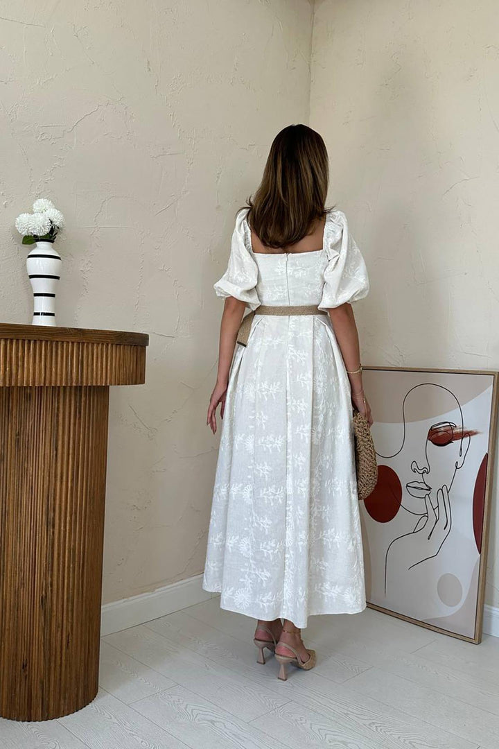 ELS Wholesale Stone Balloon Sleeve Embroidered Dress - Roosendaal