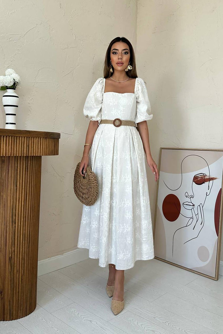 ELS Wholesale Stone Balloon Sleeve Embroidered Dress - Roosendaal