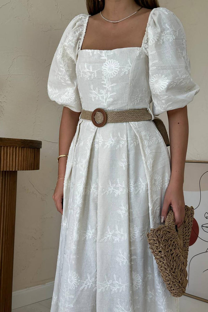 ELS Wholesale Stone Balloon Sleeve Embroidered Dress - Roosendaal