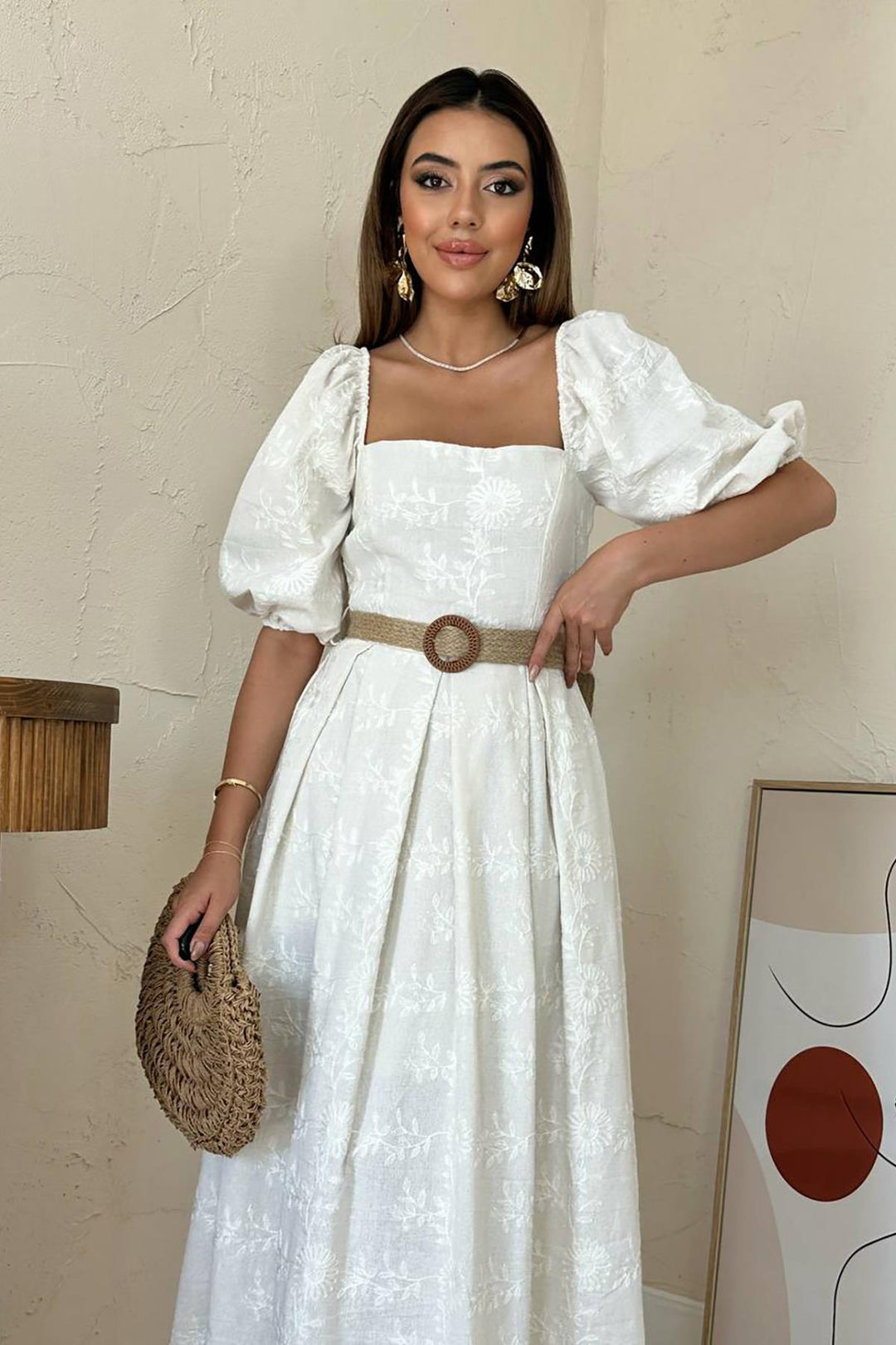 ELS Wholesale Stone Balloon Sleeve Embroidered Dress - Roosendaal