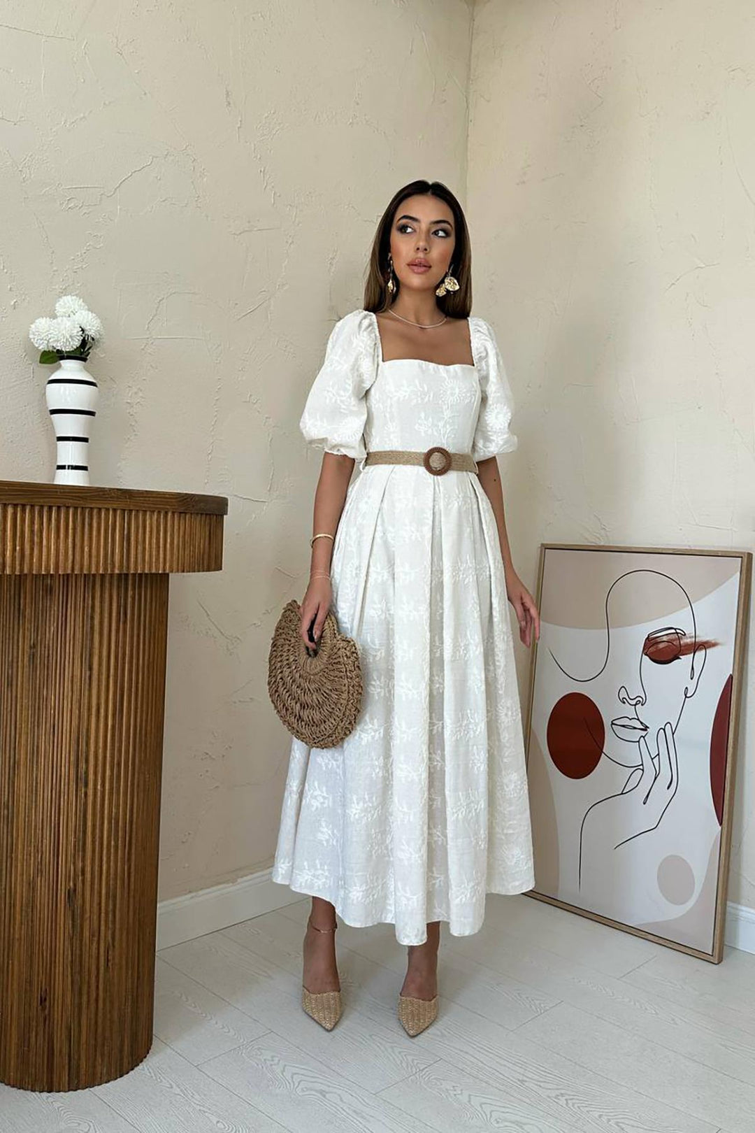 ELS Wholesale Stone Balloon Sleeve Embroidered Dress - Roosendaal