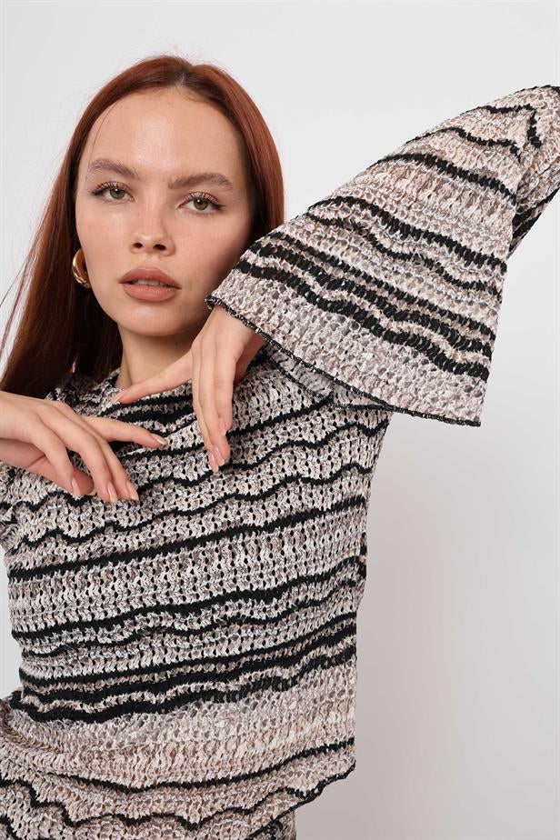 RYN Wholesale Knitted Line Pattern Asymmetric Blouse Black Gray - Aspen Hill