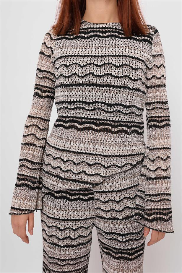 RYN Wholesale Knitted Line Pattern Asymmetric Blouse Black Gray - Aspen Hill