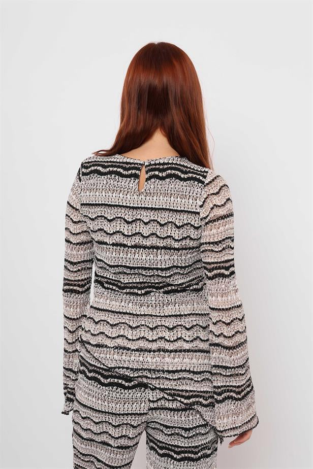 RYN Wholesale Knitted Line Pattern Asymmetric Blouse Black Gray - Aspen Hill