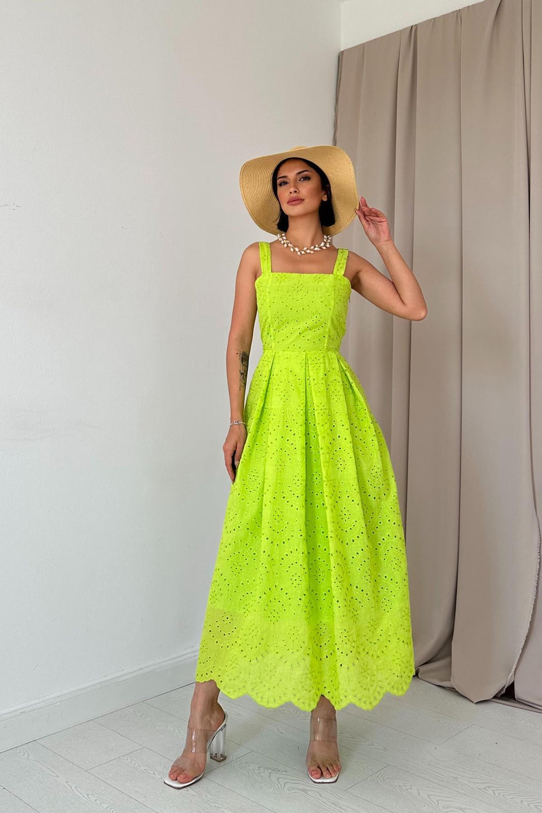 ELS Wholesale Oil Green Hanging Apparatus Embroidered Dress - Rimini