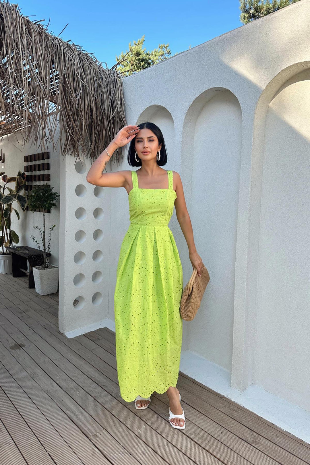 ELS Wholesale Oil Green Hanging Apparatus Embroidered Dress - Rimini