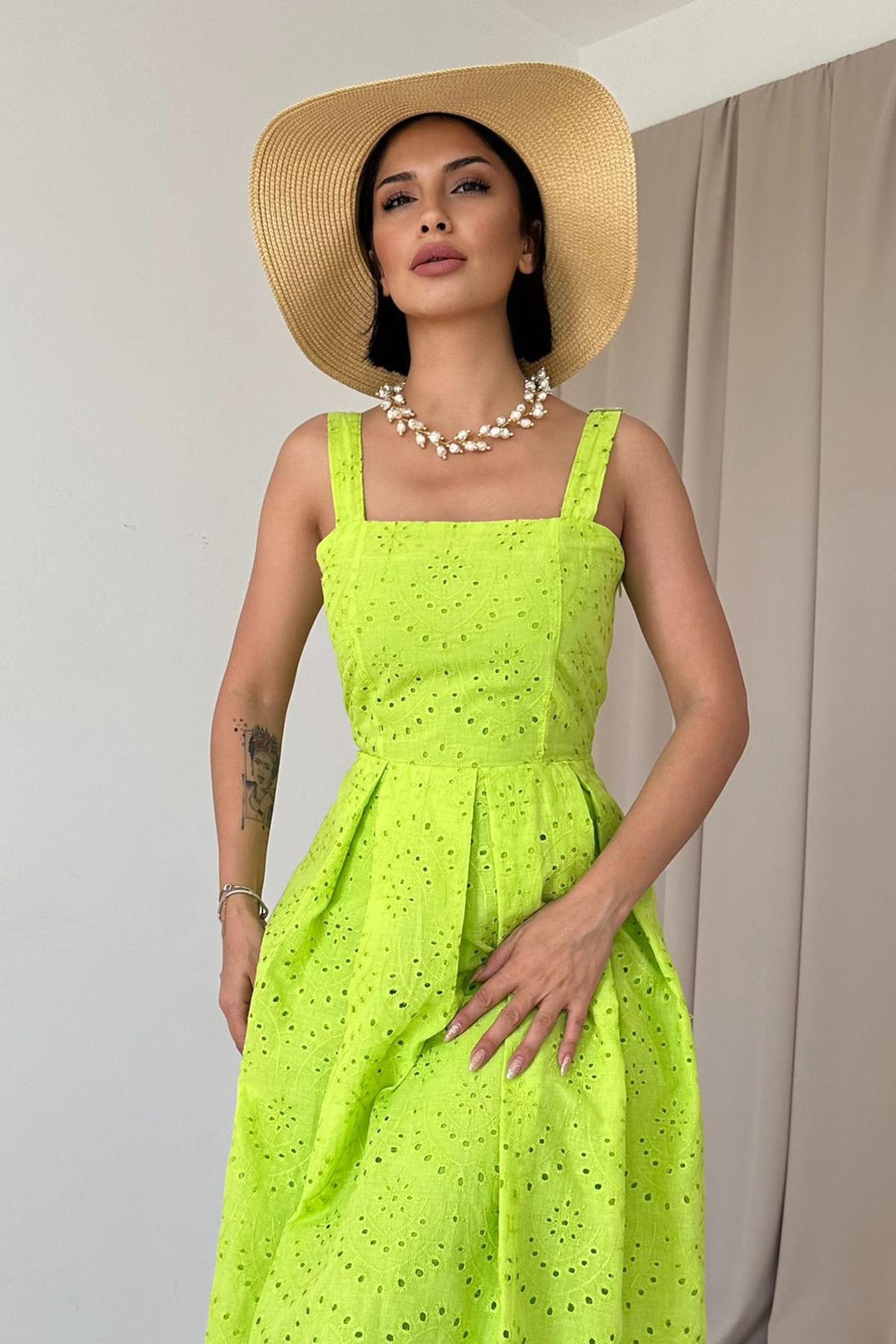 ELS Wholesale Oil Green Hanging Apparatus Embroidered Dress - Rimini