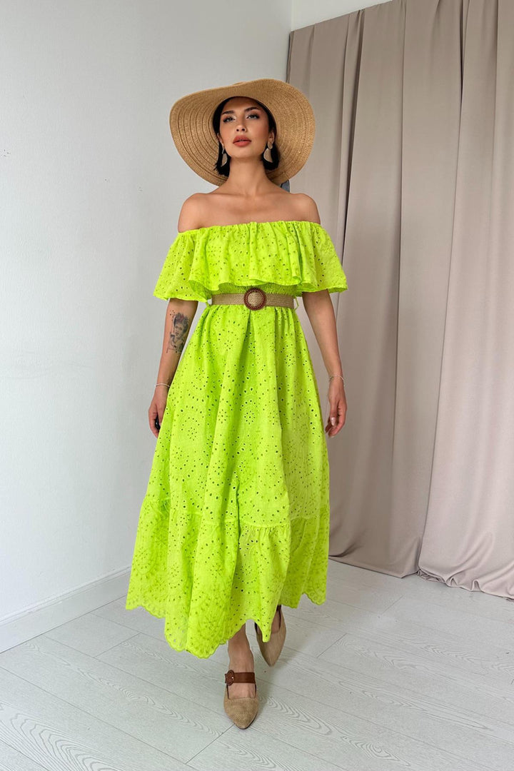 ELS Wholesale Oil Green Shoulder Elasticated Embroidered Dress - Woodlawn