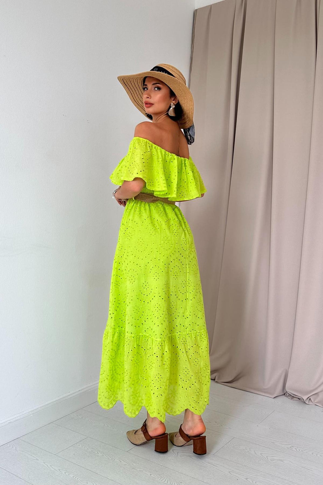 ELS Wholesale Oil Green Shoulder Elasticated Embroidered Dress - Woodlawn