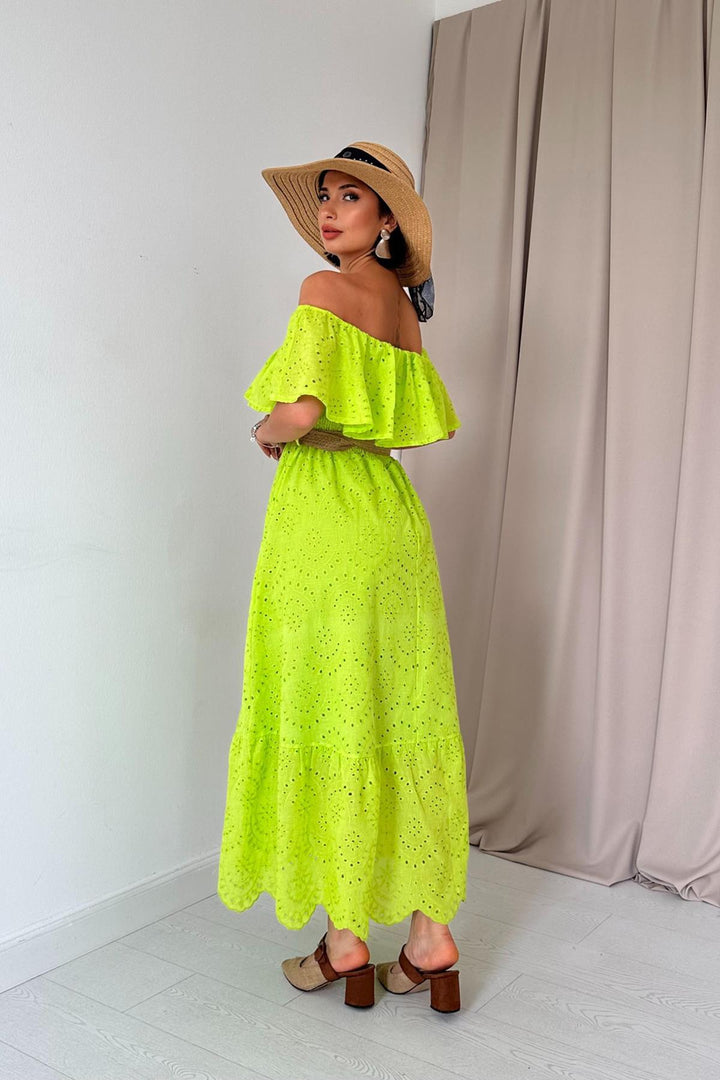 ELS Wholesale Oil Green Shoulder Elasticated Embroidered Dress - Woodlawn