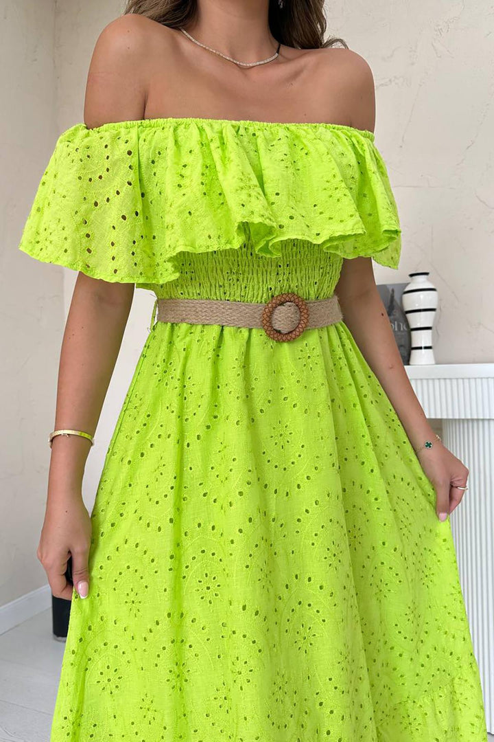 ELS Toptan Yağ Yeşili Omzu Lastikli Brode Elbise - Huntington