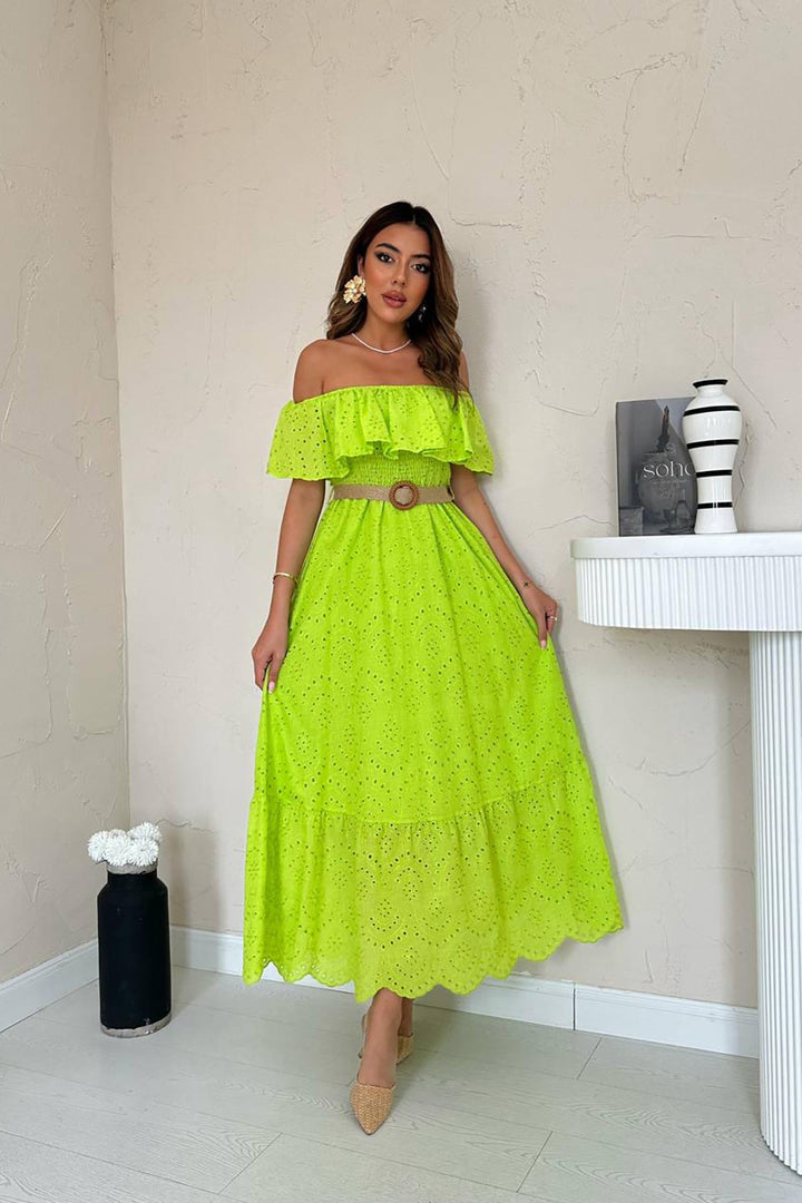 ELS Toptan Yağ Yeşili Omzu Lastikli Brode Elbise - Huntington