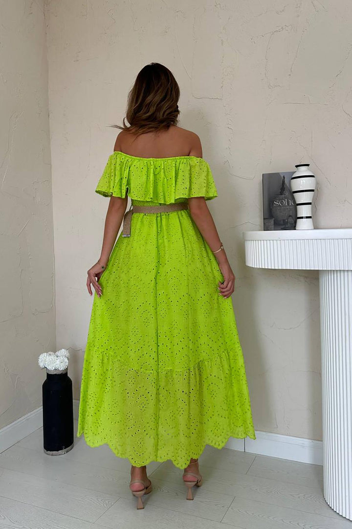 ELS Toptan Yağ Yeşili Omzu Lastikli Brode Elbise - Huntington