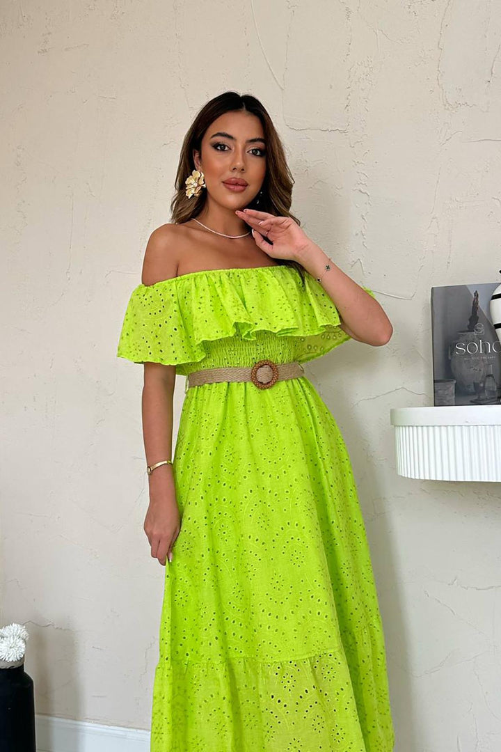 ELS Toptan Yağ Yeşili Omzu Lastikli Brode Elbise - Huntington