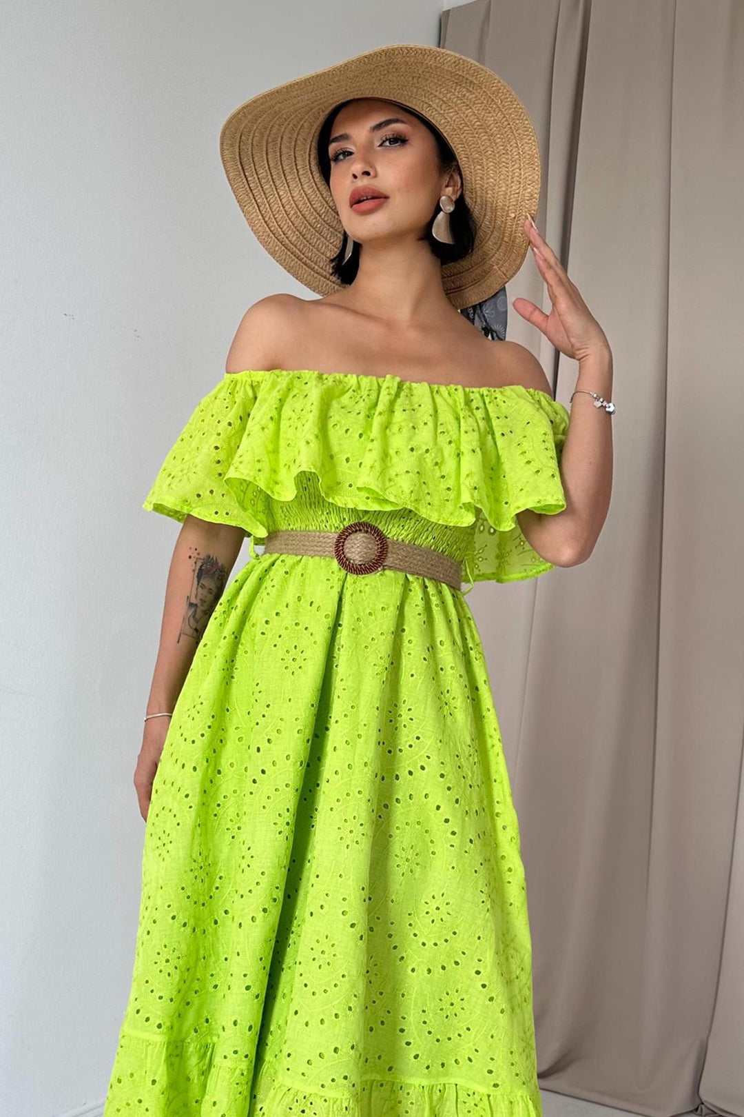 ELS Wholesale Oil Green Shoulder Elasticated Embroidered Dress - Woodlawn