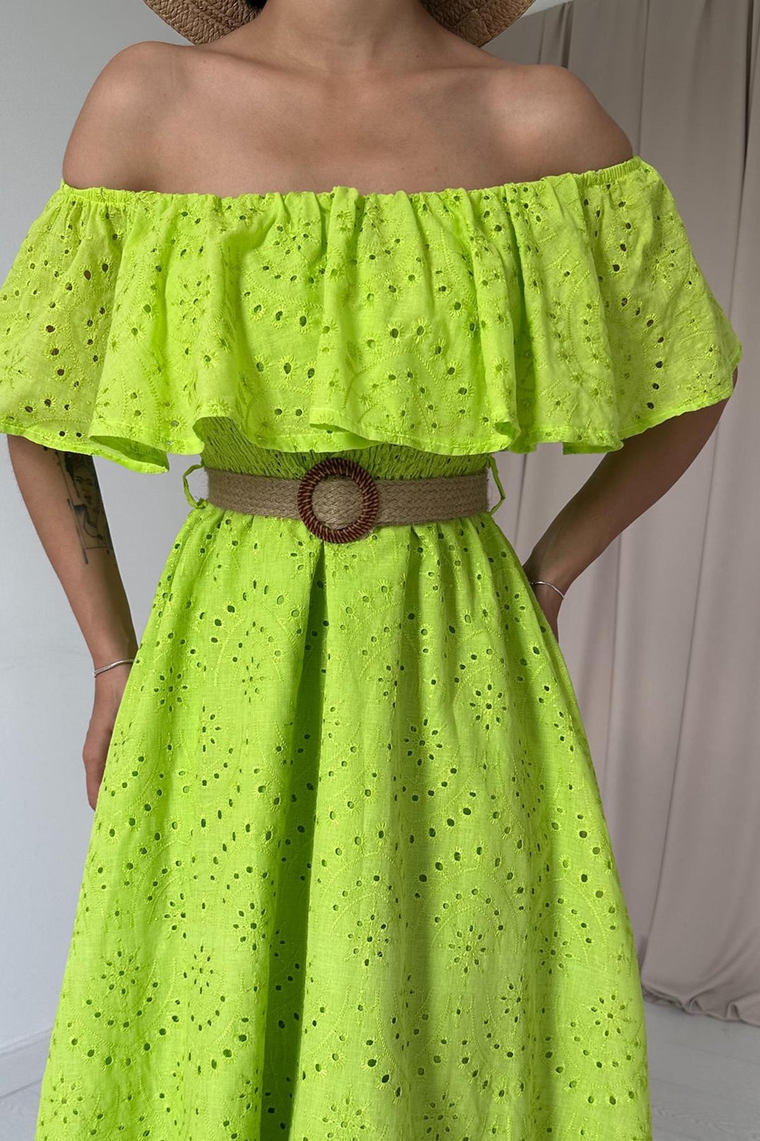 ELS Wholesale Oil Green Shoulder Elasticated Embroidered Dress - Woodlawn