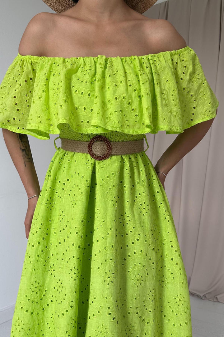 ELS Wholesale Oil Green Shoulder Elasticated Embroidered Dress - Woodlawn