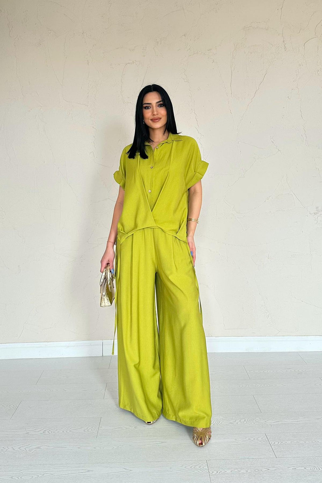 ELS Wholesale Oil Green Front Pleated Double Linen Set - Teziutlan