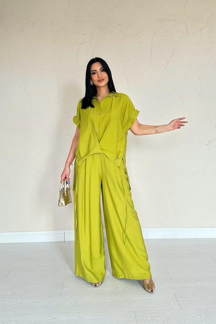 ELS Wholesale Oil Green Front Pleated Double Linen Set - Teziutlan