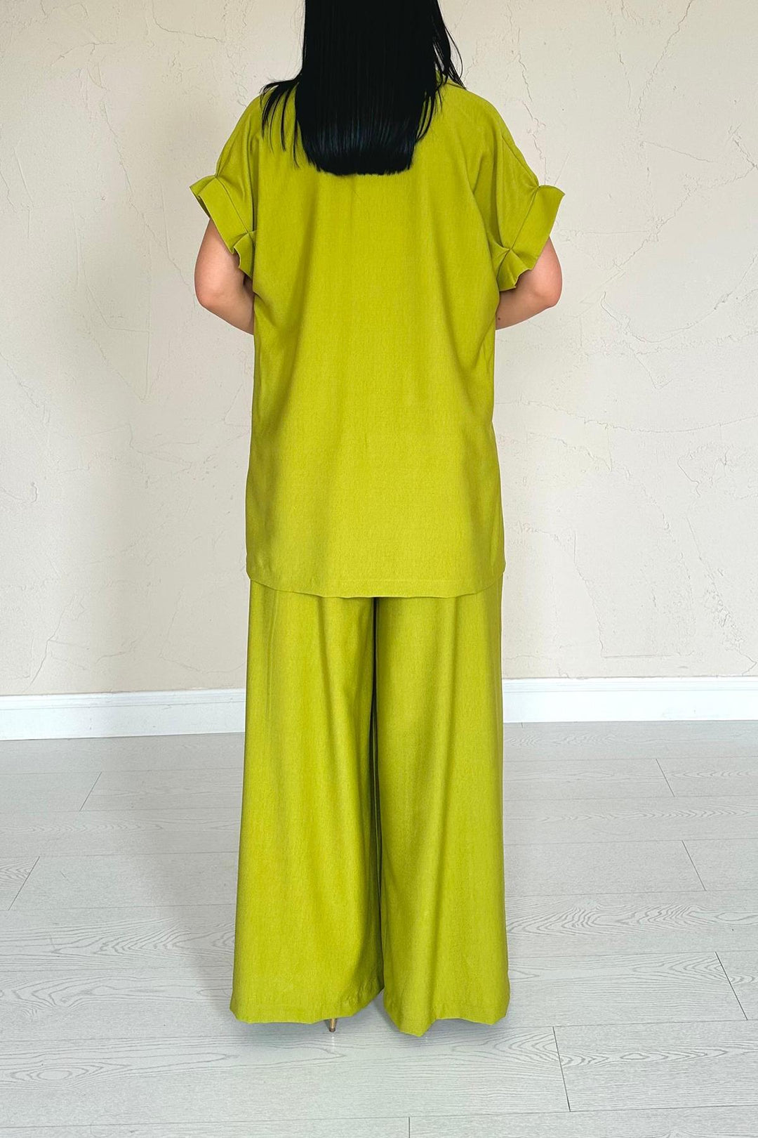 ELS Wholesale Oil Green Front Pleated Double Linen Set - Teziutlan