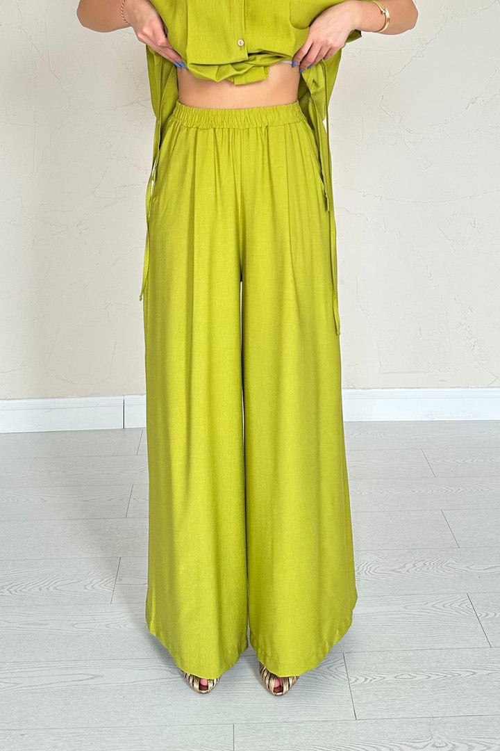 ELS Wholesale Oil Green Front Pleated Double Linen Set - Teziutlan