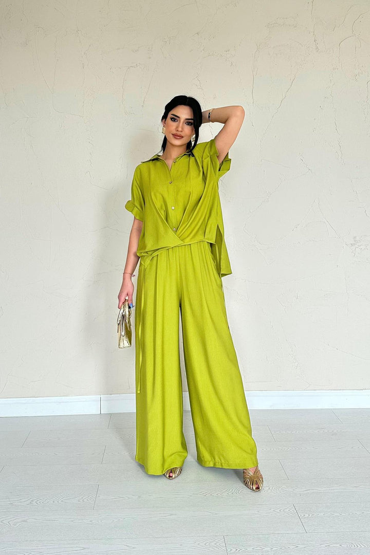 ELS Wholesale Oil Green Front Pleated Double Linen Set - Teziutlan