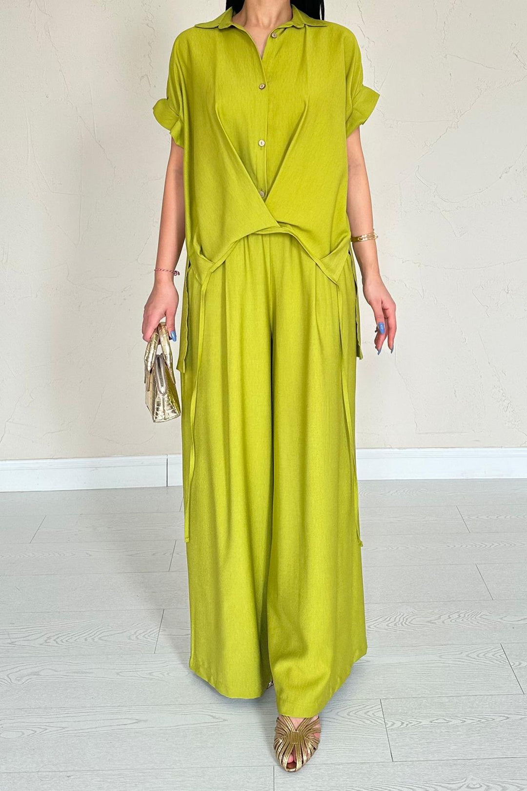 ELS Wholesale Oil Green Front Pleated Double Linen Set - Teziutlan