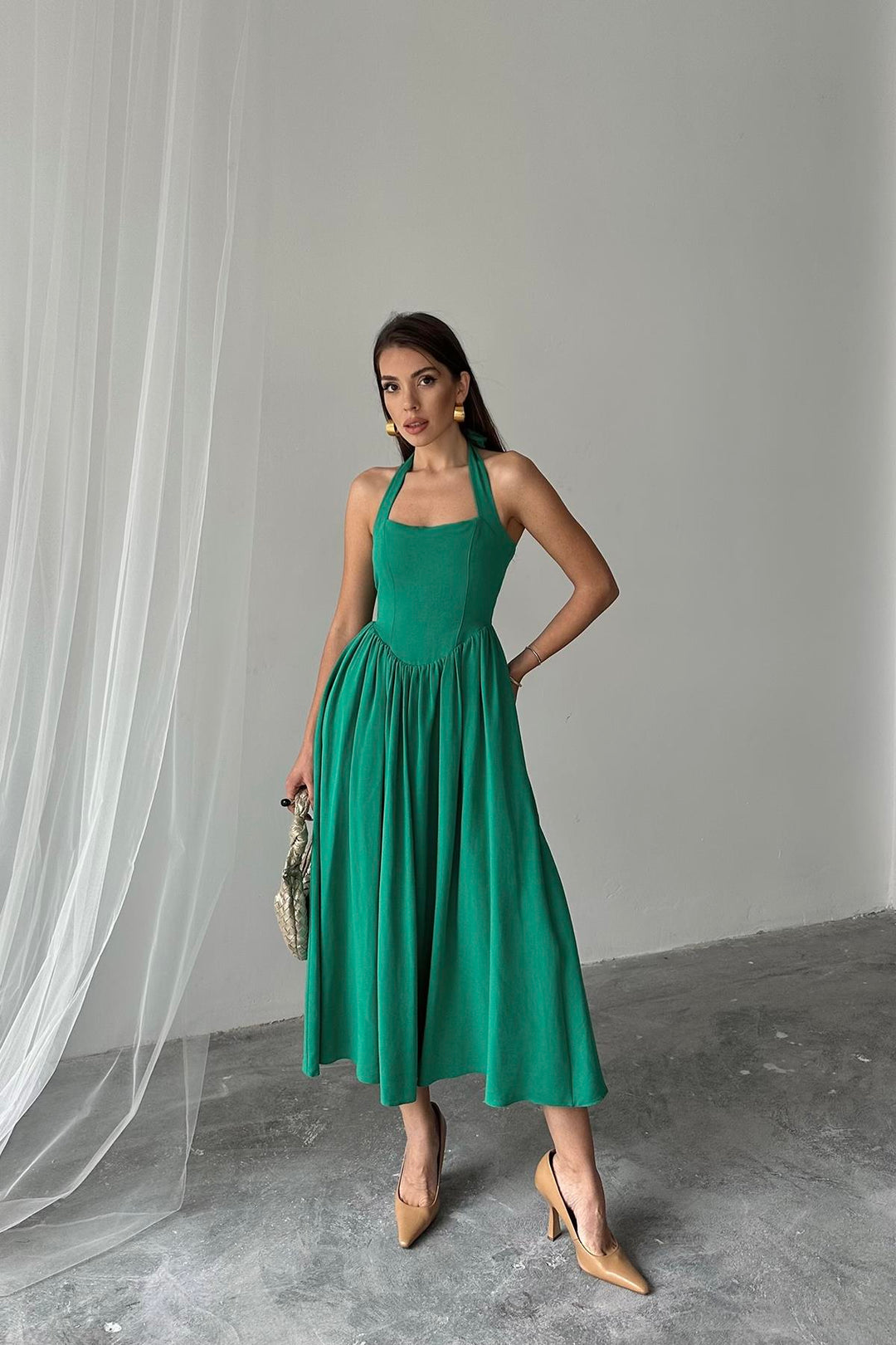 ELS Wholesale Green Linen Dress with Tie Neck - Santiago Tianguistenco