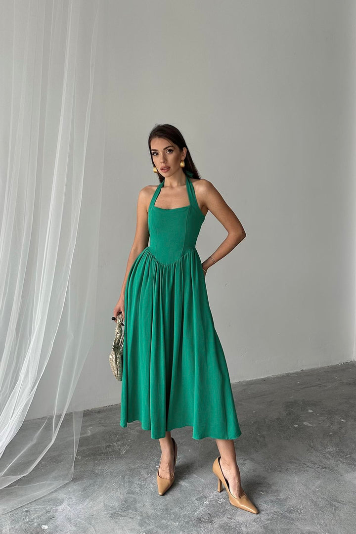 ELS Wholesale Green Linen Dress with Tie Neck - Santiago Tianguistenco