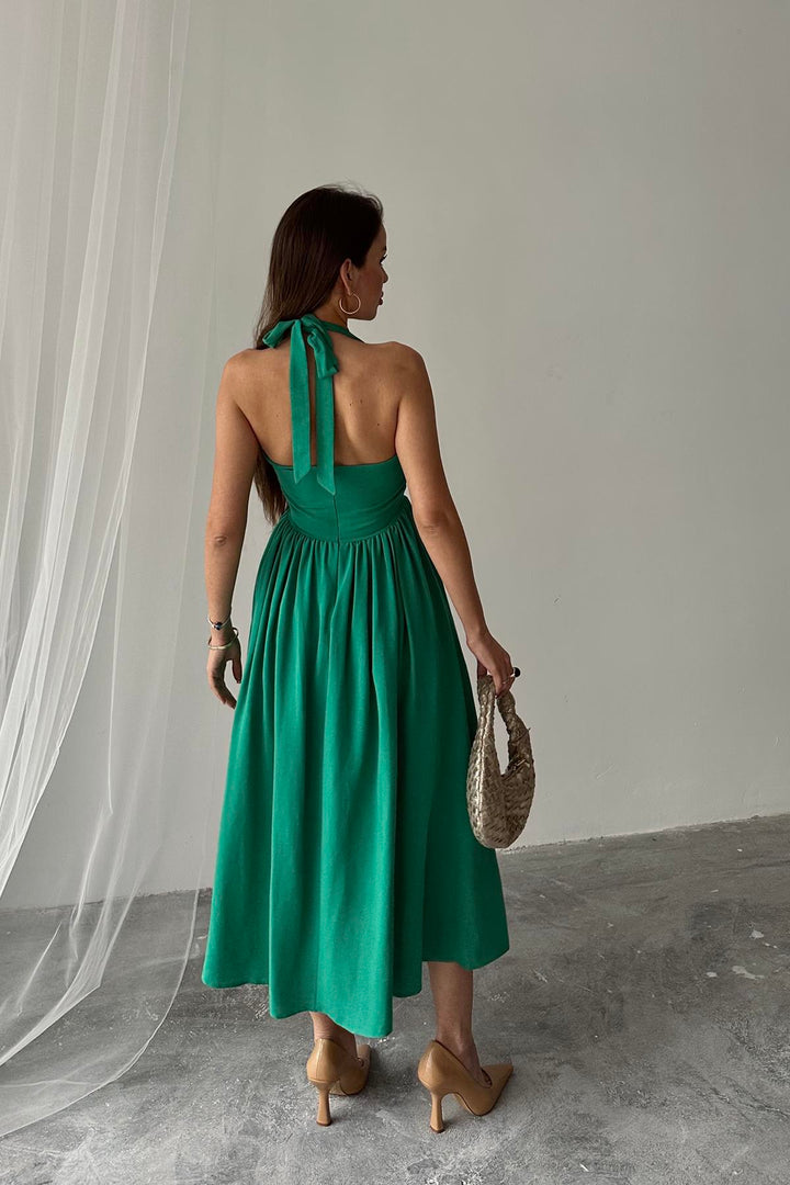 ELS Wholesale Green Linen Dress with Tie Neck - Santiago Tianguistenco