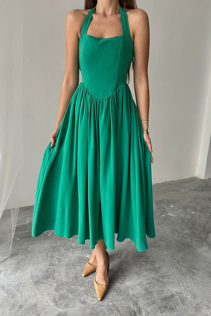 ELS Wholesale Green Linen Dress with Tie Neck - Santiago Tianguistenco