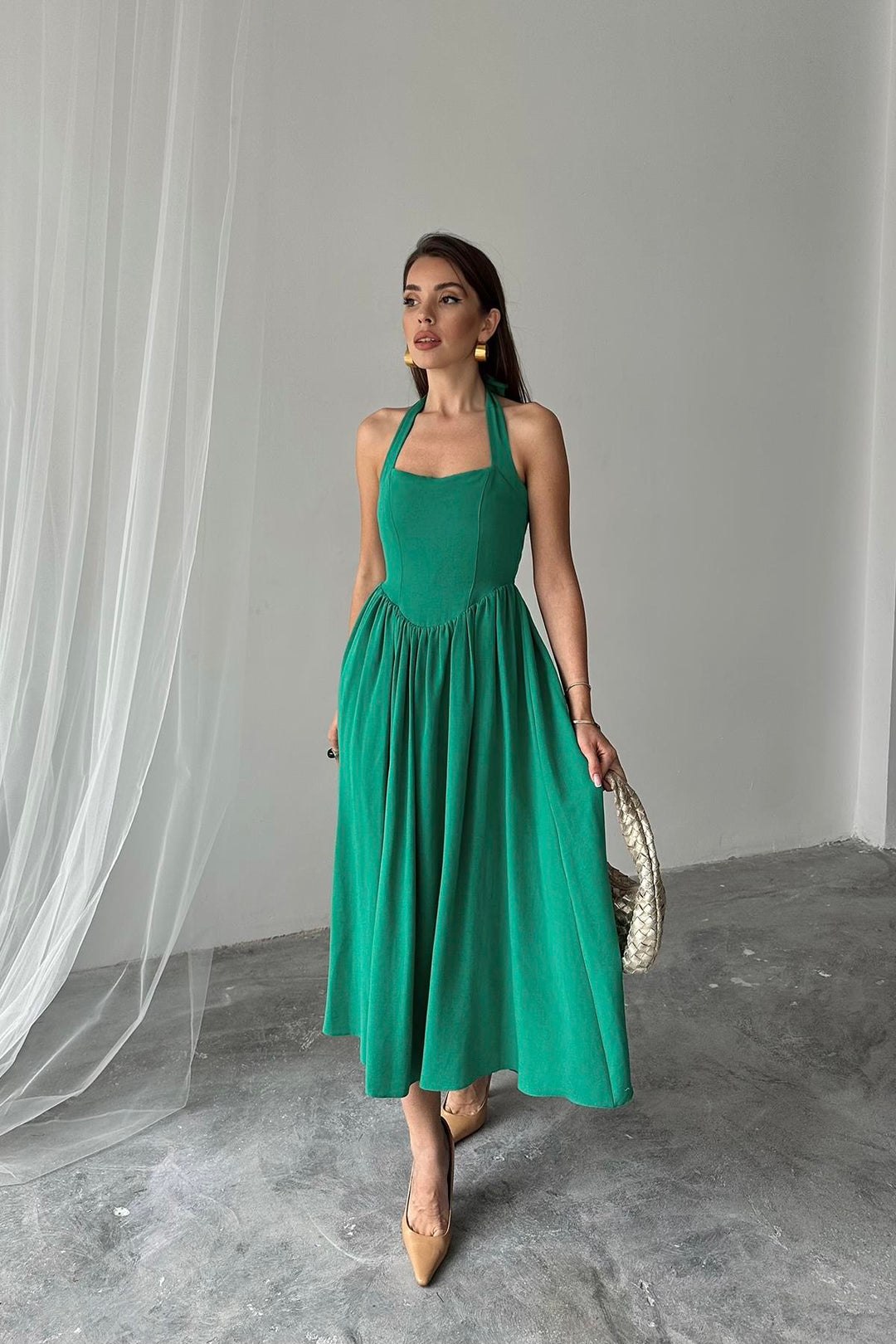 ELS Wholesale Green Linen Dress with Tie Neck - Santiago Tianguistenco