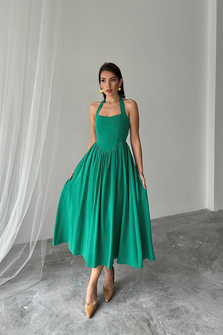 ELS Wholesale Green Linen Dress with Tie Neck - Santiago Tianguistenco